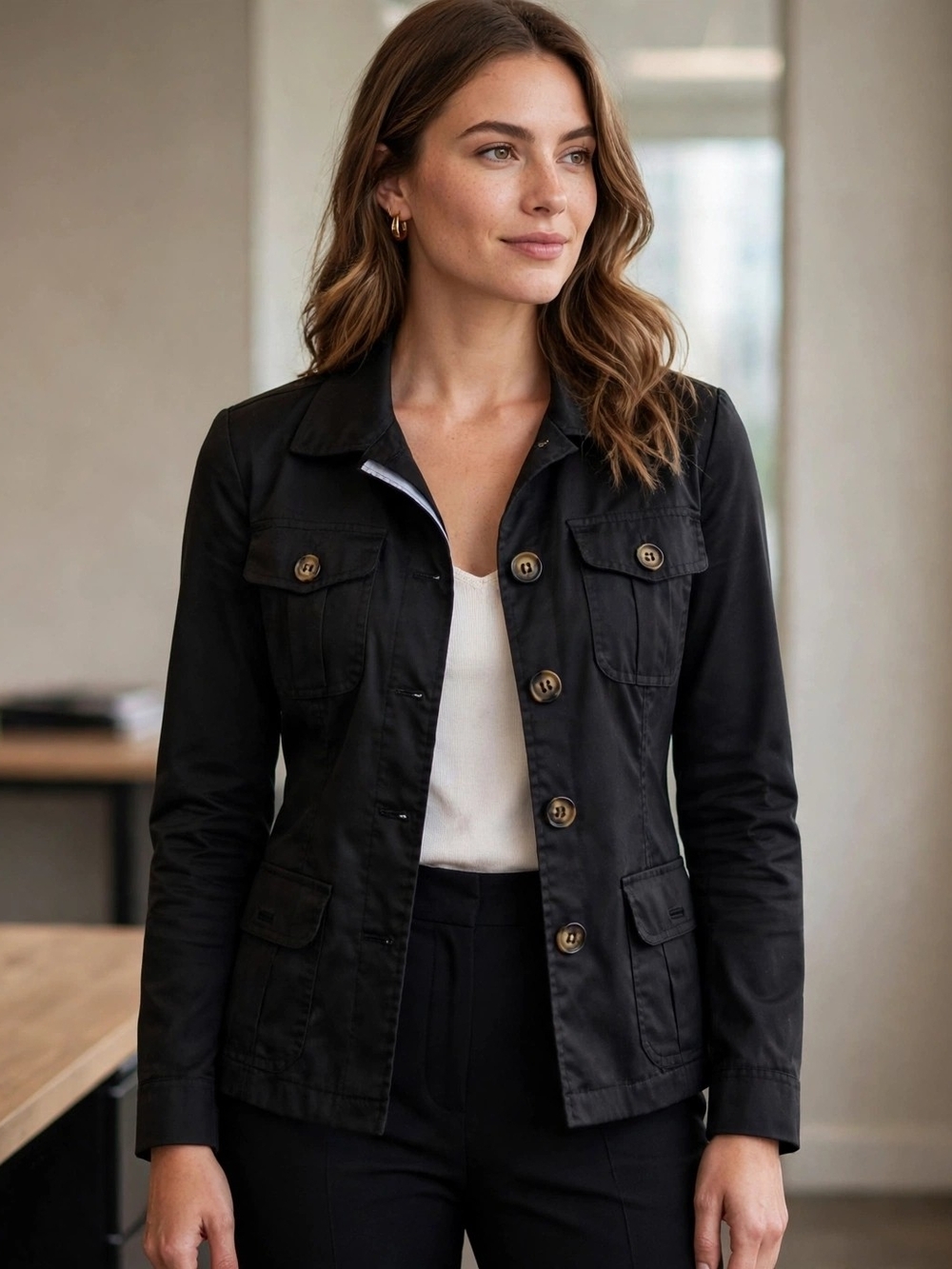 H&M Black Women's Utility Jacket with Button Front